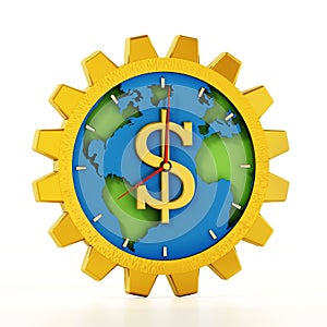 Gear shaped clock with dollar sign. Earth map at the center. 3D illustration
