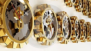 Gear shaped clocks with dollar sign. Earth map at the center. 3D illustration
