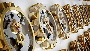 Gear shaped clocks with dollar sign. Earth map at the center. 3D illustration