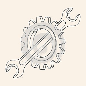 Gear and spanner 3D vector icon. Outline vector illustration on white background