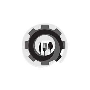 Gear with spoon fork knife logo symbol icon vector graphic design illustration idea creative