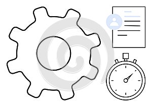 Gear, Document, and Stopwatch Representing Workflow, Productivity, and Task Management