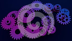 Gear system animation. Motion design of seamless loop cogs rotation. Seamless looped 3d render motion design