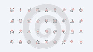 Gear system control, maintenance and repair, settings modification line icon set