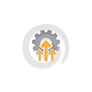 Gear and three orange up arrows. icon isolated on white. Vector flat illustration for technology or innovation