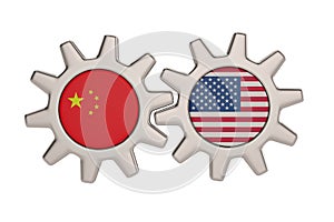 Gear with united states and chinese flag isolated on white background. 3D illustration.