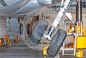 Gear up gear down chassis in the hangar after aircraft repair