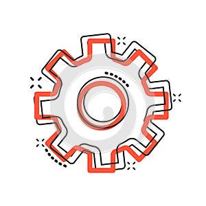 Gear vector icon in comic style. Cog wheel cartoon illustration on white isolated background. Gearwheel cogwheel splash effect