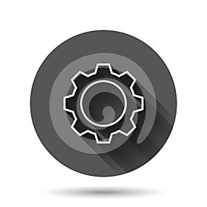 Gear vector icon in flat style. Cog wheel illustration on black round background with long shadow effect. Gearwheel cogwheel