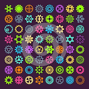 Gear vector mechanism icons isolated illustration. Mechanics web development shape work cog multicolor gear sign. Engine