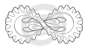 Gear wheel curved like infinity sign. Industrial technology and machine engineering symbol. Isolated drawing 3d illustration