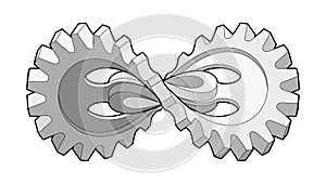 Gear wheel curved like infinity sign. Industrial technology and machine engineering symbol. Isolated vector illustration with