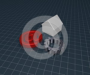Gear wheel, house model and email alias photo