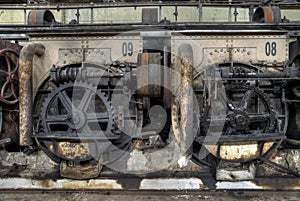 Gear wheels in colonial sugar factory in Gondang Baru, Java, Indonesia