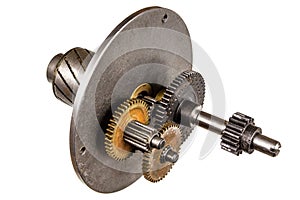 Gear wheels of reducer motor, isolated on white background