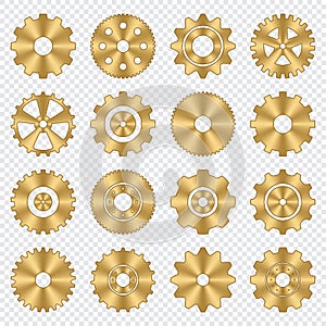 Gear wheels set. Gold metal cog wheels collection. Industrial icons. Gear setting vector icon set. Vector illustration