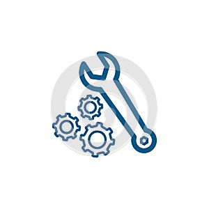 Gear And Wrench Line Blue Icon On White Background. Blue Flat Style Vector Illustration