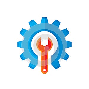 Gear and wrench vector logo template concept illustration in flat style. Support icon. Setting flat icon. Cog sign. SEO insignia