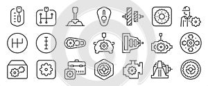 Gearbox icon set. It includes process, gear, gears, manual transmission, automatic, case, and more icons. Editable Vector Stroke