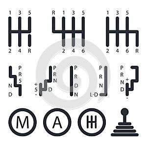 Gearbox. Icons for various types of gearboxes. Automatic, manual and robotic transmissions.