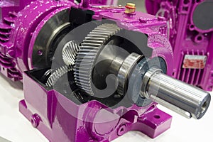 Gearbox on large electric motor at industrial equipment plant