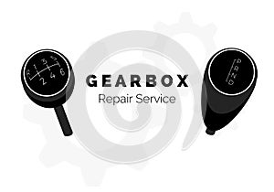 Gearbox repair service advertising. Vehicle Gear Knob. Manual and automatic car transmission. Vector illustraion photo