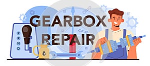 Gearbox repair typographic header. Car repair service. Automobile