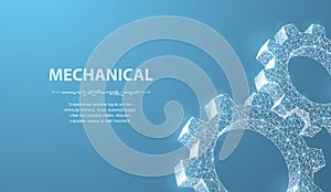 Gears. Abstract vector wireframe two gear 3d modern illustration on blue background.