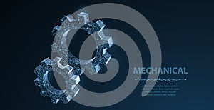 Gears. Abstract vector wireframe two gear 3d modern illustration on dark blue background.