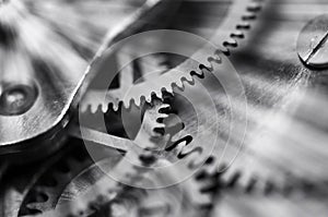 Gears black-and-white. Industrial background. The concept of technology, time, teamwork, infinity, business projects