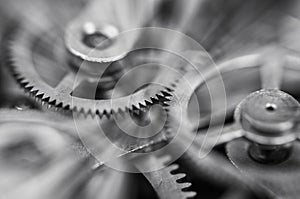Gears black-and-white. Industrial background. The concept of technology, time, teamwork, infinity, business projects
