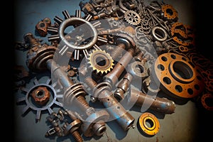 Gears, bolts and cogs macro, rusted background