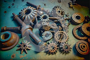 Gears, bolts and cogs macro, rusted background