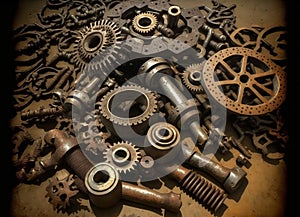 Gears, bolts and cogs macro, rusted background