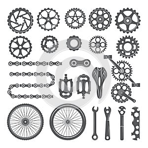 Gears, chains, wheels and other different parts of bicycle