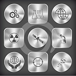 Gears, chemical test tubes, shift globe, radiation symbol, space