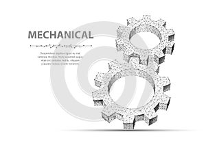 Gears. Closeup abstract vector wireframe two gear. 3d illustration isolated on white.