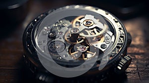 Gears and cogs in clockwork watch mechanism. Elegant detailed stainless steel and metal. AI generated illustration