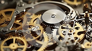Gears and cogs in clockwork watch mechanism extreme close-up view