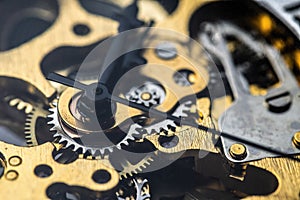 Gears and cogs inside clock. Close-up view on retro watches.