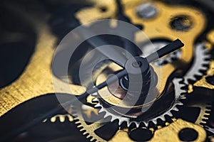 Gears and cogs inside clock. Close-up view on retro watches.