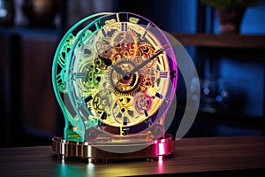 Gears and cogs mechanism inside the glass clock, Generative AI