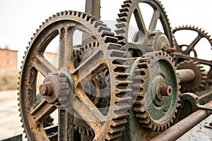 Gears and cogs of old machine close up