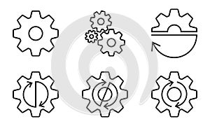 Gears and cogs outline set. Gear wheels with arrows. Vector illustration.