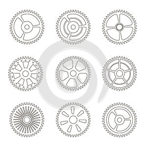 Gears, cogs wheels or sprocket line icon set