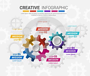 Gears cogwheels 6 steps for Infographic template, Engineering tech progress business presentation start-up vector concept