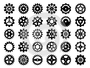 Gears collection. Abstract mechanical wheels for machine industry repair parts round cogwheels vector collection