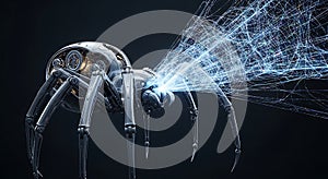 Futuristic robotic spider with mechanical legs and a metallic body. Its intricate