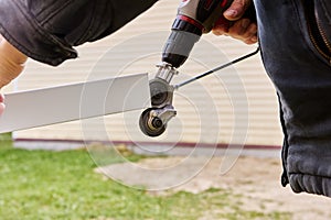 Gears for cutting sheet metal are rotated using an electric drill, being an adapter attachment, roofer cuts roofing