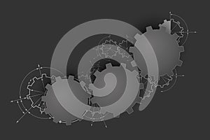 Gears in engagement. Engineering drawing abstract industrial background with a cogwheels.